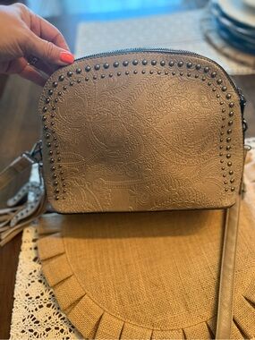 Embossed Floral Crossbody Bag in Taupe with Stud Detail